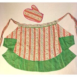 Vintage Homemade Kitchen Half Apron And Oven Mitt Pink Green Floral